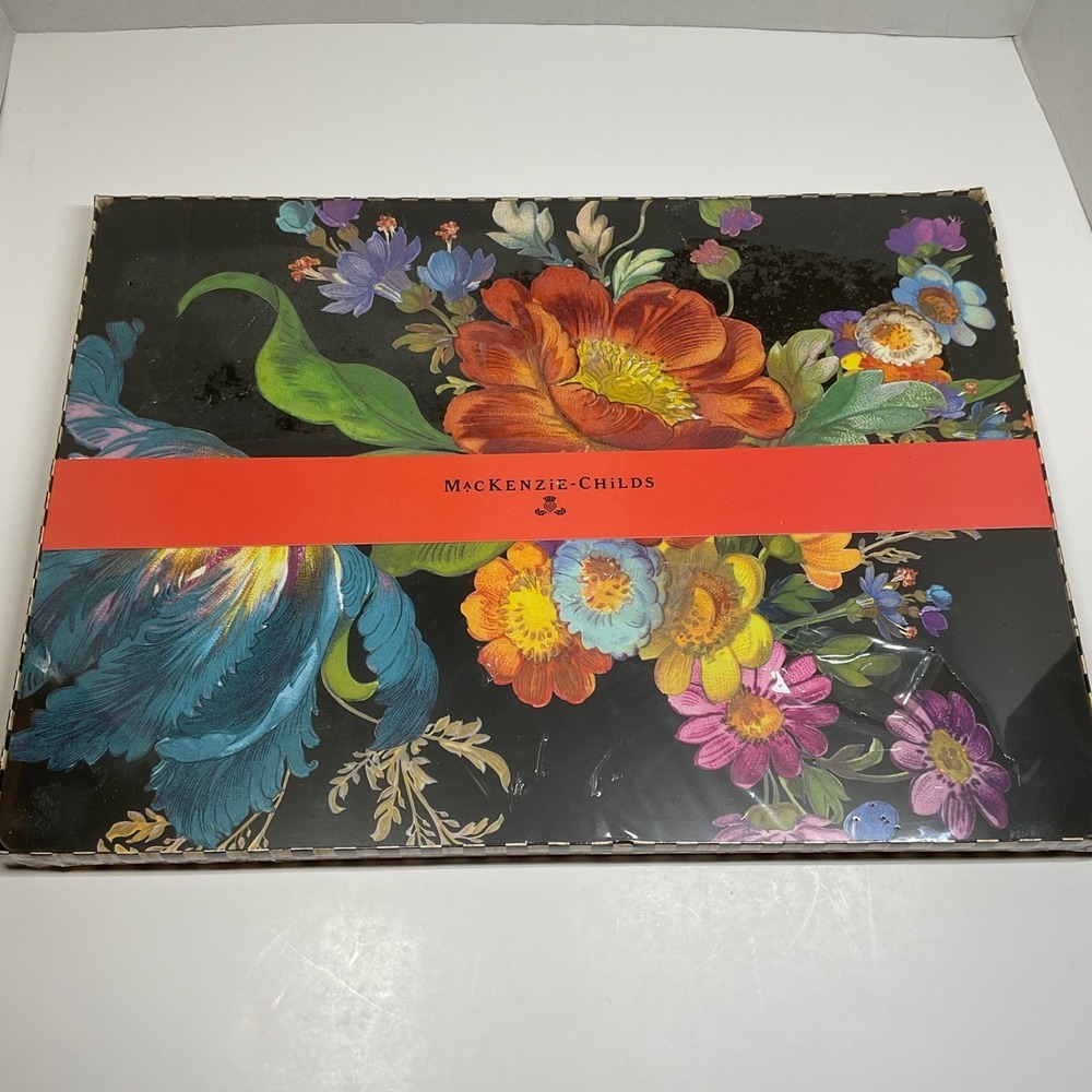 MacKenzie-Childs Flower Market Black Placemats Set of 4 Floral Cork Back 32613